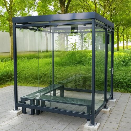 Rookoverkapping Myla Standaard 71 Ideaal voor ca 5 personen. Rookabri - rookhok Myla standaard 2x2m, Hier uitgevoerd met zitbanken model Danielle en afsluitbare deur